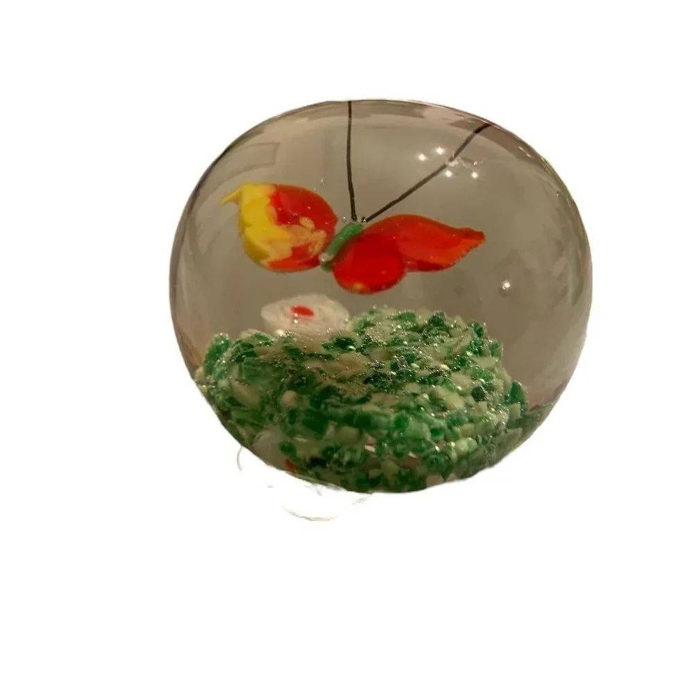 Glass Globe Paperweight Red Yellow Butterfly Grass 1.8